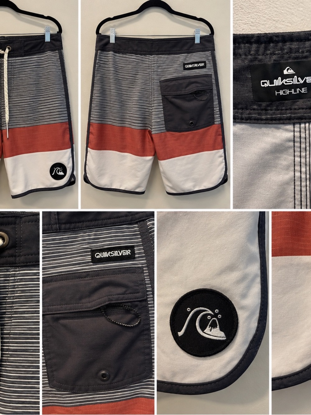 Quiksilver Men’s Black, Rust & White Striped Highline Boardshorts